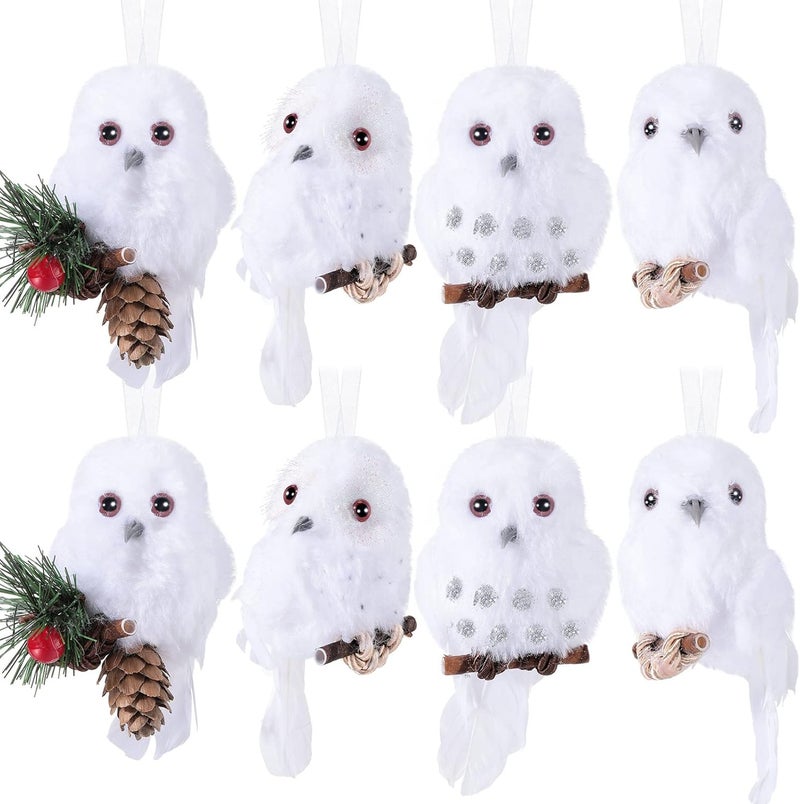 Queekay 8 Pieces Owl Christmas Tree Ornaments Snowy Barn Owl White Birds Decorations Faux Furry Cute Animal with Branches for Window Xmas Office Home - Image 1
