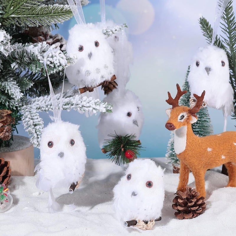 Queekay 8 Pieces Owl Christmas Tree Ornaments Snowy Barn Owl White Birds Decorations Faux Furry Cute Animal with Branches for Window Xmas Office Home - Image 4