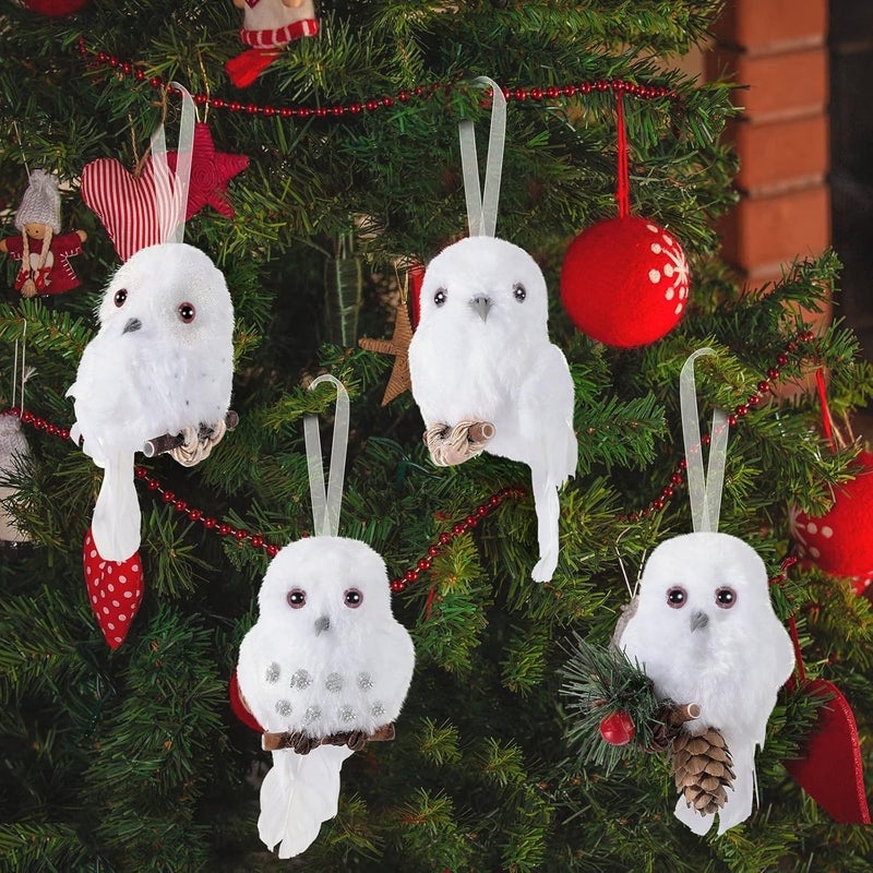 Queekay 8 Pieces Owl Christmas Tree Ornaments Snowy Barn Owl White Birds Decorations Faux Furry Cute Animal with Branches for Window Xmas Office Home - Image 5