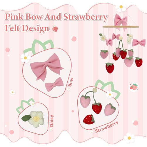 Gueiddi Strawberry Mobile for Crib Handmade Felt Bow Nursery Decor Crib Mobile Bow Strawberry for Bassinet Baby Shower Newborn Baby Gift (Bow Strawberry) - Image 3