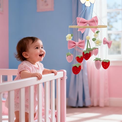 Gueiddi Strawberry Mobile for Crib Handmade Felt Bow Nursery Decor Crib Mobile Bow Strawberry for Bassinet Baby Shower Newborn Baby Gift (Bow Strawberry) - Image 4