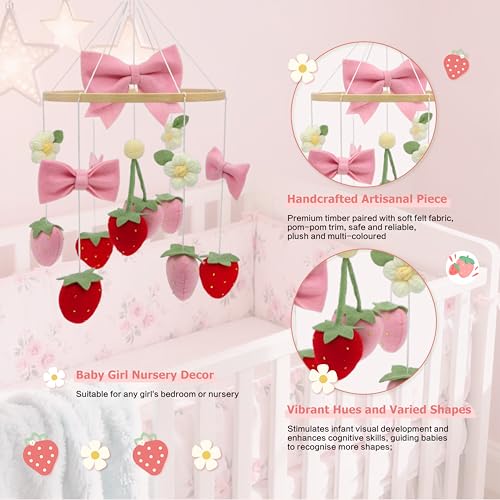 Gueiddi Strawberry Mobile for Crib Handmade Felt Bow Nursery Decor Crib Mobile Bow Strawberry for Bassinet Baby Shower Newborn Baby Gift (Bow Strawberry) - Image 5