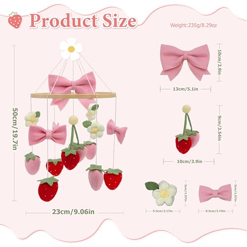 Gueiddi Strawberry Mobile for Crib Handmade Felt Bow Nursery Decor Crib Mobile Bow Strawberry for Bassinet Baby Shower Newborn Baby Gift (Bow Strawberry) - Image 2