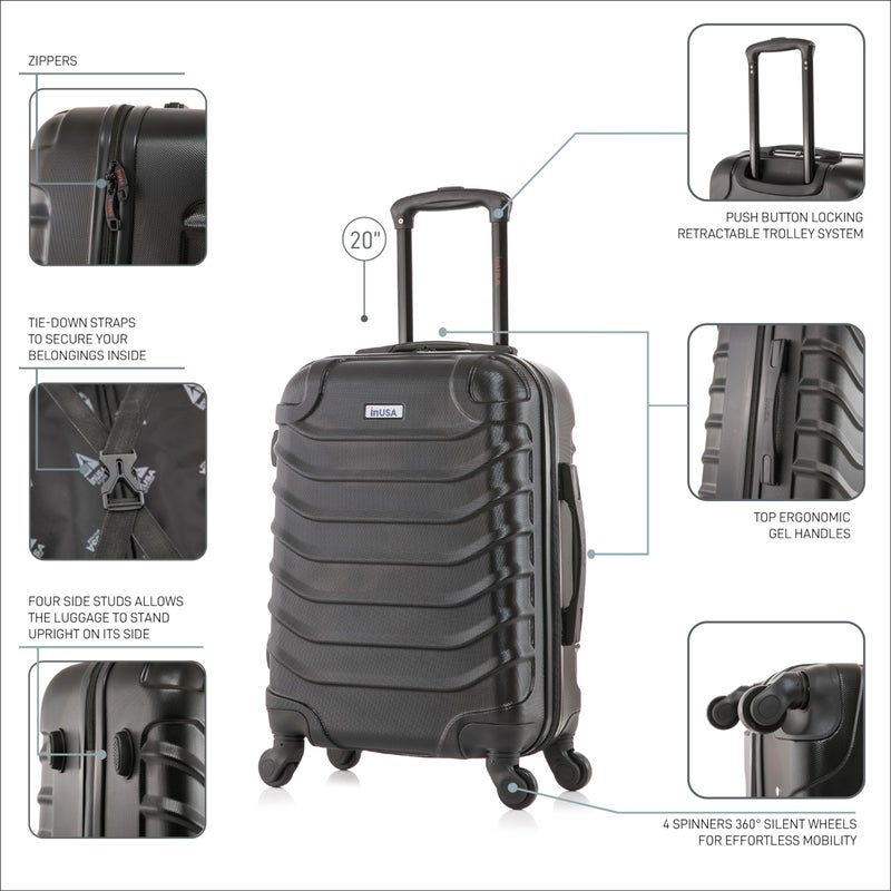 InUSA ENDURANCE Luggage with Spinner Wheels | Durable Lightweight Hardshell Suitcase, Spacious Travel Bag with Handle and Trolley | 20-Inch Carry On Small Luggage | Black - Image 3
