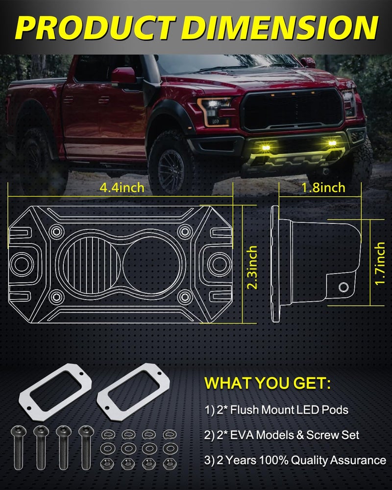 AKD Part Yellow Flush Mount LED Pods, AKD Part CREE LED Flush Bumper Fog Lights 40W Spot Flood Combo Offroad Driving Lights Yellow Flush Mount LED Chase Light Pods for Trucks Pickup SUV UTV ATV - Image 2