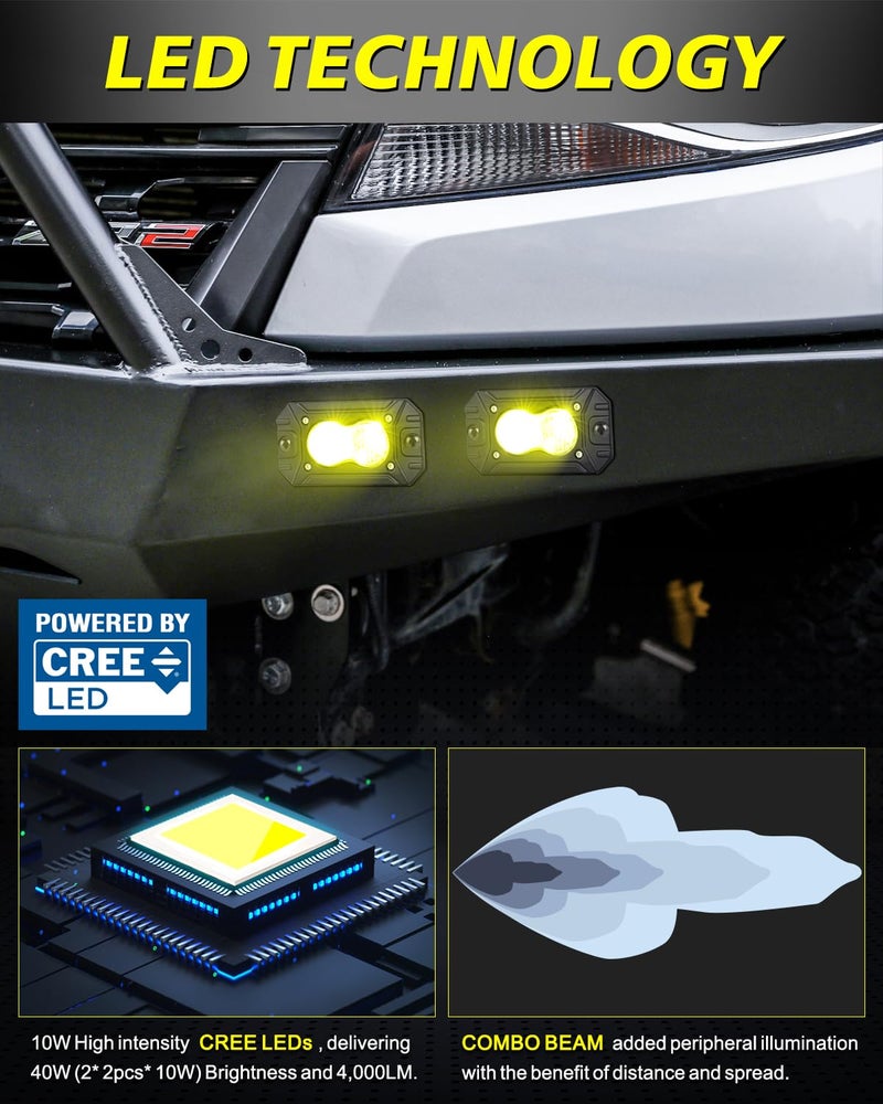 AKD Part Yellow Flush Mount LED Pods, AKD Part CREE LED Flush Bumper Fog Lights 40W Spot Flood Combo Offroad Driving Lights Yellow Flush Mount LED Chase Light Pods for Trucks Pickup SUV UTV ATV - Image 3