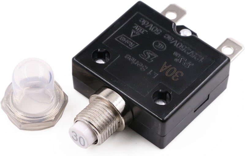 T Tocas 125-250V AC 50V DC Push Button Circuit Breakers Thermal Overload Protectorwith Quick Connect Terminals and Waterproof Button Cap 30A - Image 1