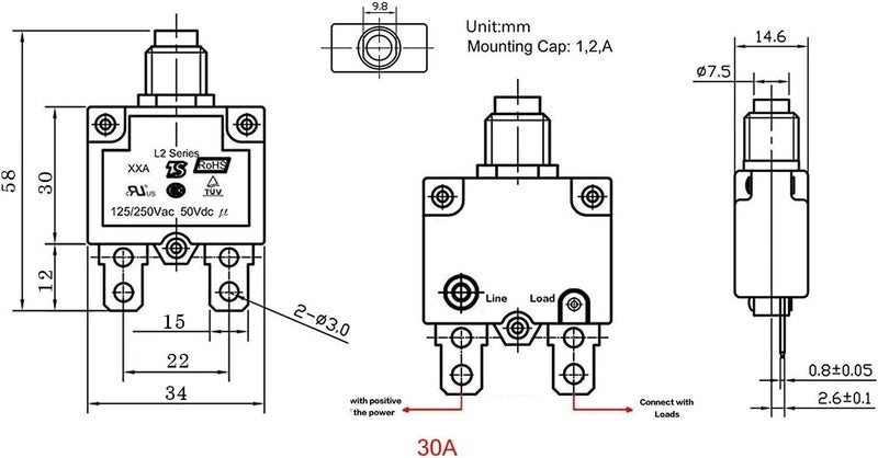 T Tocas 125-250V AC 50V DC Push Button Circuit Breakers Thermal Overload Protectorwith Quick Connect Terminals and Waterproof Button Cap 30A - Image 4