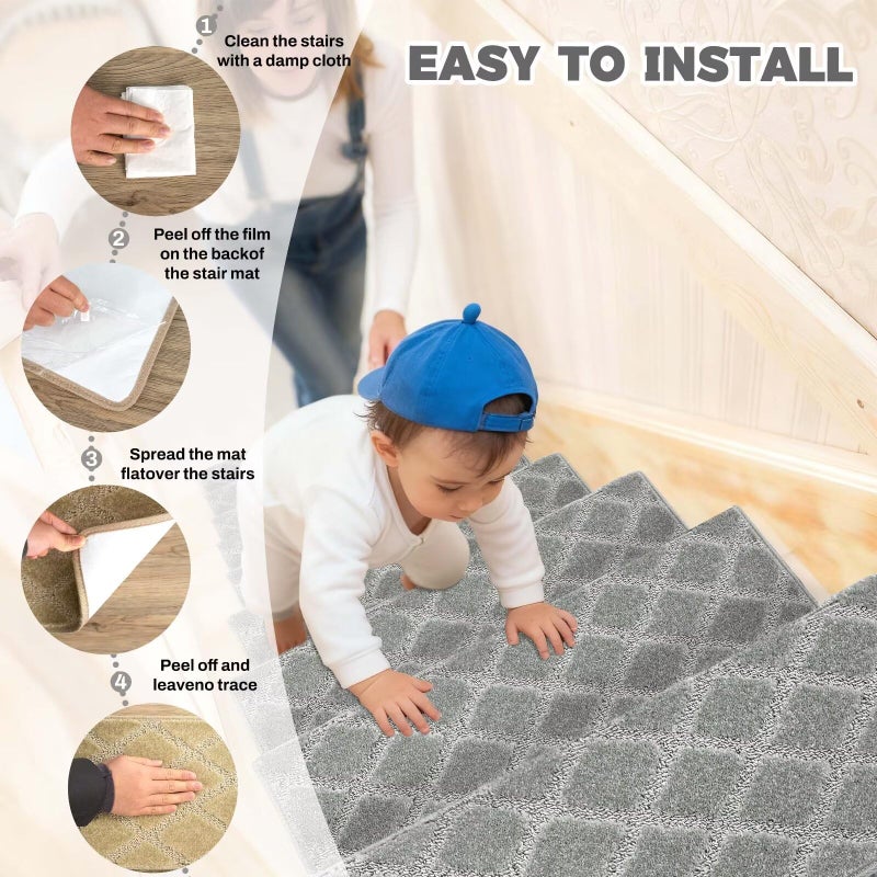 DEXDE Bullnose Carpet Stair Treads, Landing Mat for Wooden Steps Indoor, Non-Slip Stair Landing Carpet Peel and Stick Backing Landing Slip Resistant Stair Rugs, 30x30 inch, Grey - Image 3