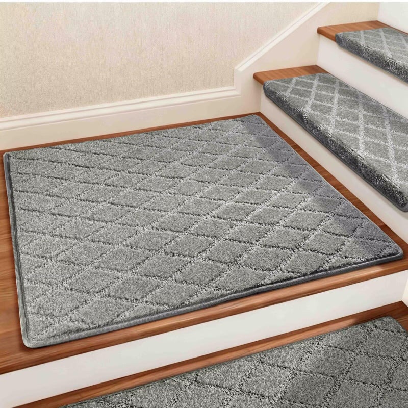 DEXDE Bullnose Carpet Stair Treads, Landing Mat for Wooden Steps Indoor, Non-Slip Stair Landing Carpet Peel and Stick Backing Landing Slip Resistant Stair Rugs, 30x30 inch, Grey - Image 1