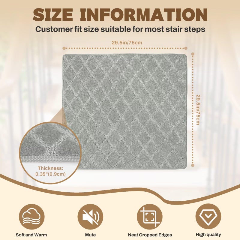 DEXDE Bullnose Carpet Stair Treads, Landing Mat for Wooden Steps Indoor, Non-Slip Stair Landing Carpet Peel and Stick Backing Landing Slip Resistant Stair Rugs, 30x30 inch, Grey - Image 2
