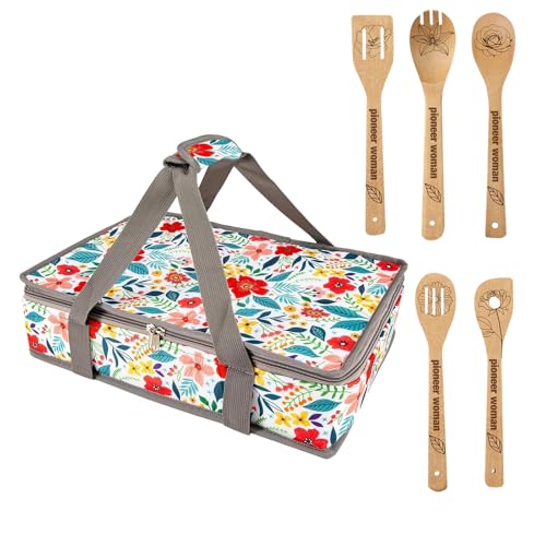 QEES Pioneer Woman Insulated Casserole Carriers for Hot or Cold Food+ 5 Cute Wooden Spoons .Pioneer Woman Kitchen Stuff.Pioneer Woman Kitchen Accessories,Gifts for Women - Image 1