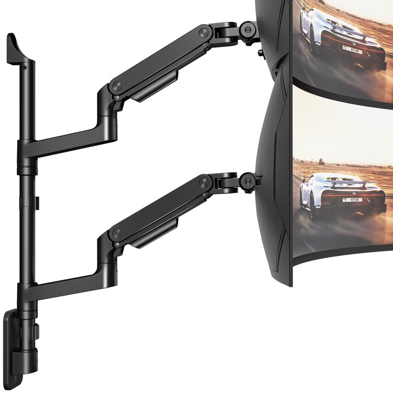 ARES WING Dual Monitor Wall Mount for 17-49 Inch Ultrawide Screens, Heavy Duty Wall Mount Monitor Arm Holds 44 lbs Each, Fully Adjustable Gas Spring Monitor Arm, 75x75/100x100 VESA Mount, Black - Image 1