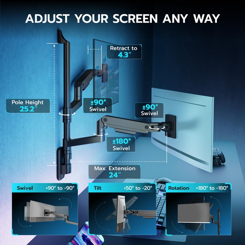 ARES WING Dual Monitor Wall Mount for 17-49 Inch Ultrawide Screens, Heavy Duty Wall Mount Monitor Arm Holds 44 lbs Each, Fully Adjustable Gas Spring Monitor Arm, 75x75/100x100 VESA Mount, Black - Image 5