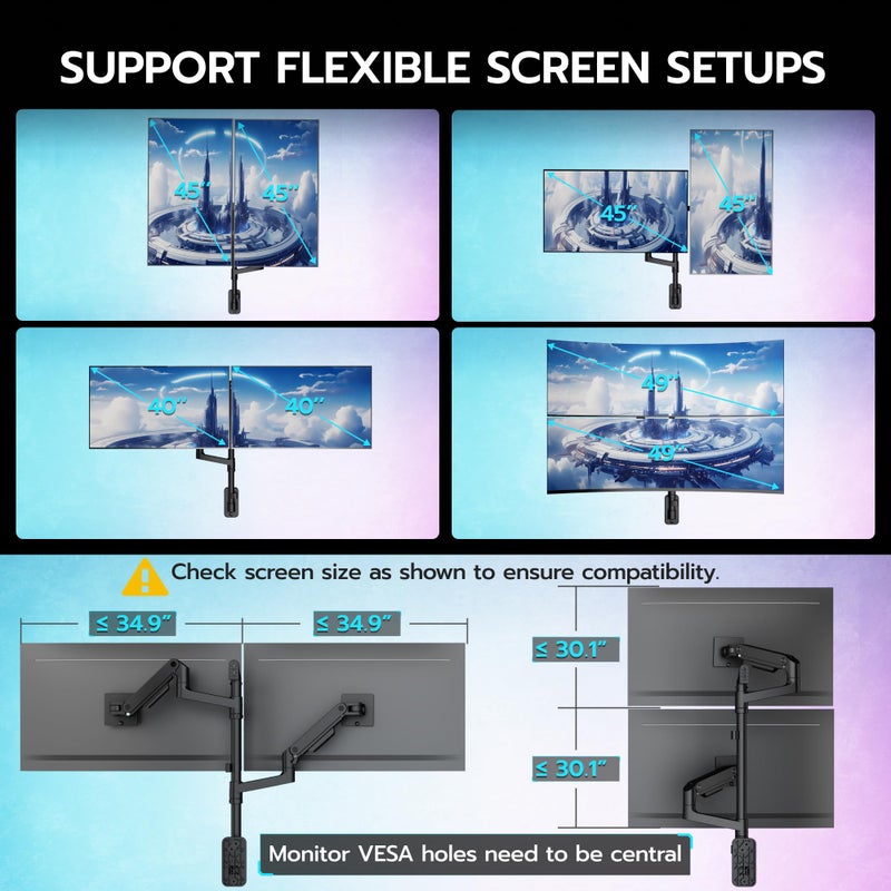 ARES WING Dual Monitor Wall Mount for 17-49 Inch Ultrawide Screens, Heavy Duty Wall Mount Monitor Arm Holds 44 lbs Each, Fully Adjustable Gas Spring Monitor Arm, 75x75/100x100 VESA Mount, Black - Image 4