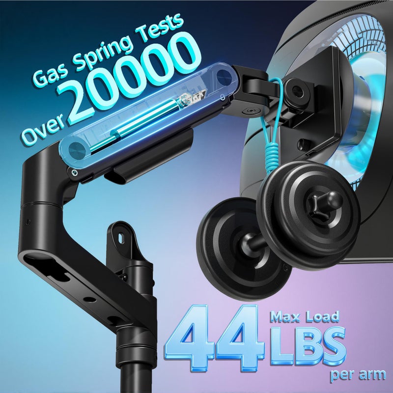 ARES WING Dual Monitor Wall Mount for 17-49 Inch Ultrawide Screens, Heavy Duty Wall Mount Monitor Arm Holds 44 lbs Each, Fully Adjustable Gas Spring Monitor Arm, 75x75/100x100 VESA Mount, Black - Image 3