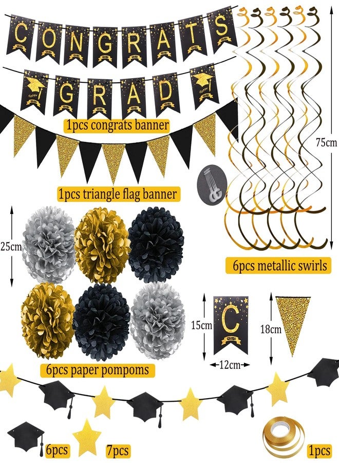 Douvelue Graduation Decorations for 2025, Congrats Grad Banner and Star Cap Garland, Pennant Banner, Black and Gold Tissue Paper Pompoms, Hanging Swirls, for Graduation Party Decorations - Image 2