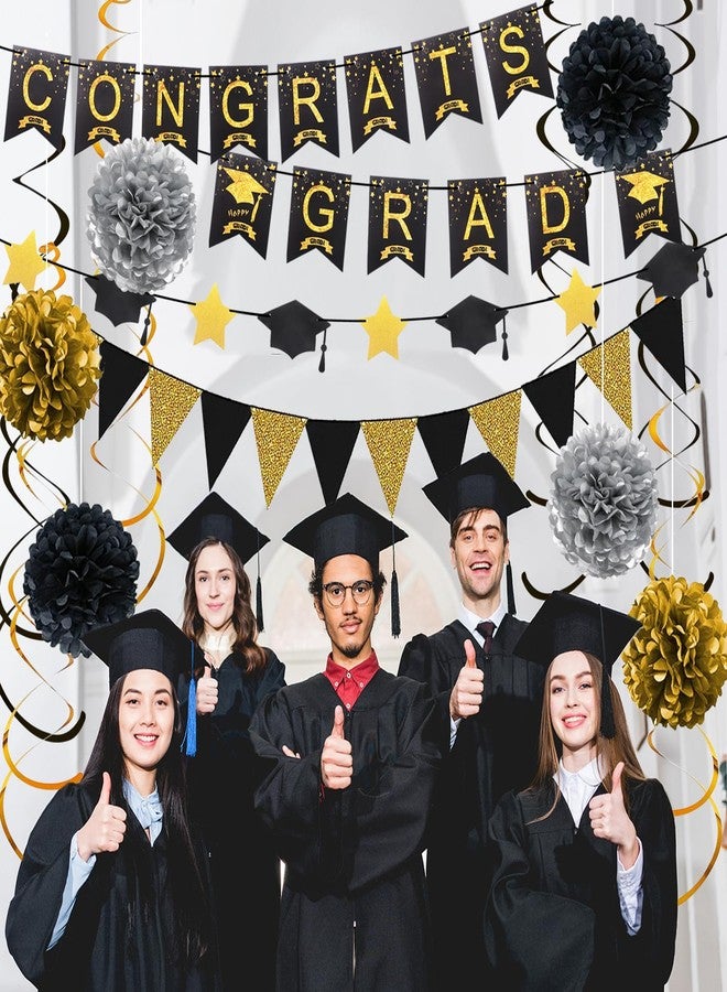 Douvelue Graduation Decorations for 2025, Congrats Grad Banner and Star Cap Garland, Pennant Banner, Black and Gold Tissue Paper Pompoms, Hanging Swirls, for Graduation Party Decorations - Image 5