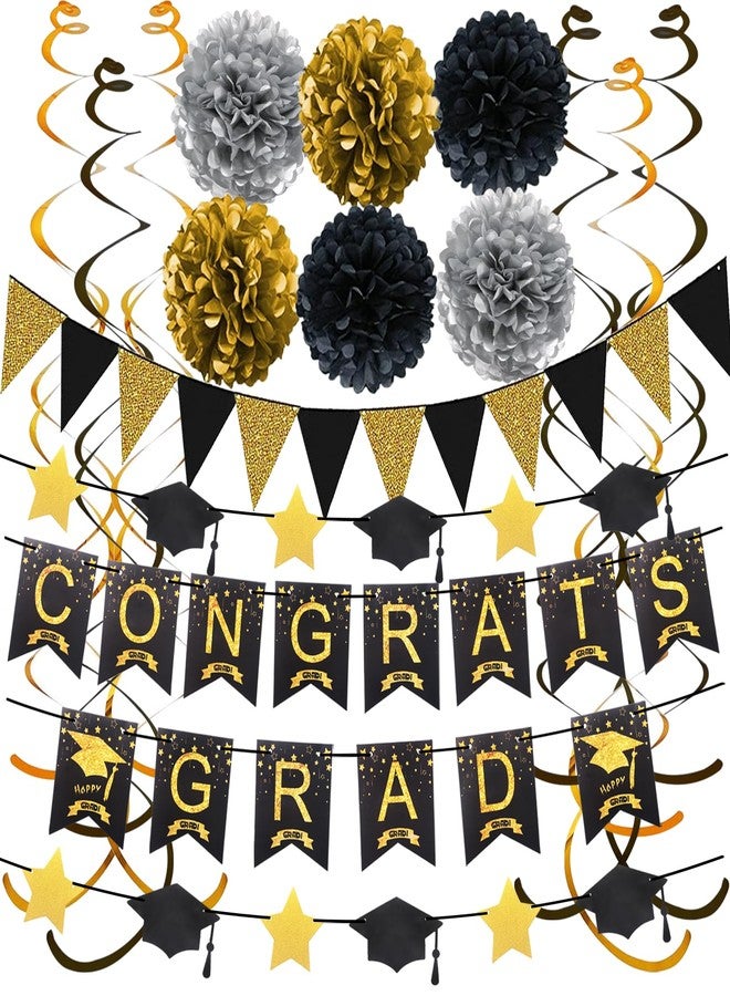 Douvelue Graduation Decorations for 2025, Congrats Grad Banner and Star Cap Garland, Pennant Banner, Black and Gold Tissue Paper Pompoms, Hanging Swirls, for Graduation Party Decorations - Image 1