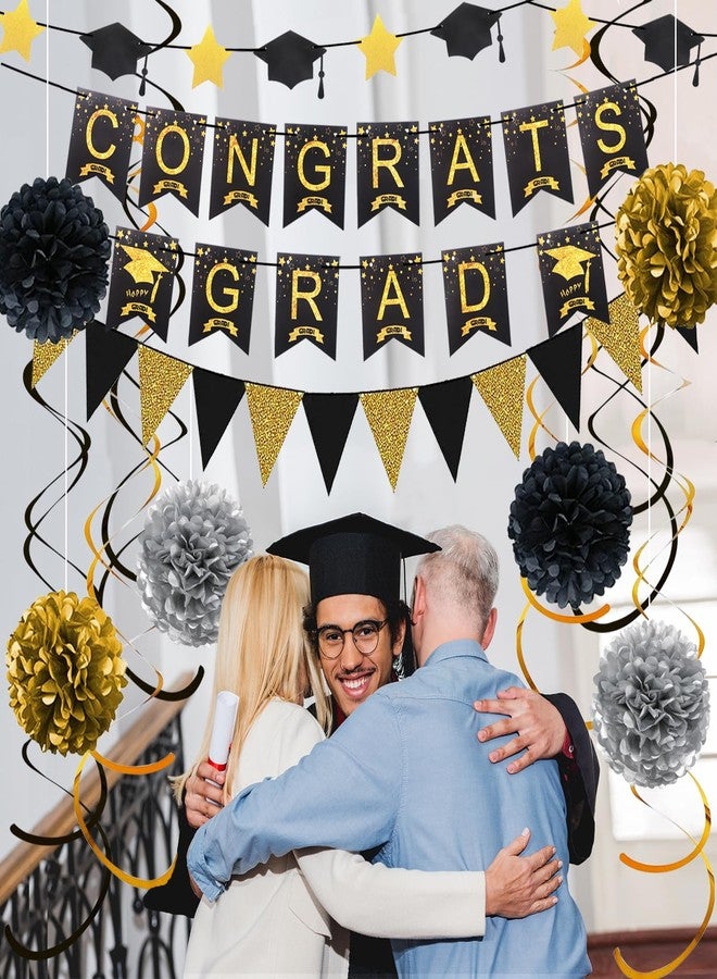 Douvelue Graduation Decorations for 2025, Congrats Grad Banner and Star Cap Garland, Pennant Banner, Black and Gold Tissue Paper Pompoms, Hanging Swirls, for Graduation Party Decorations - Image 4