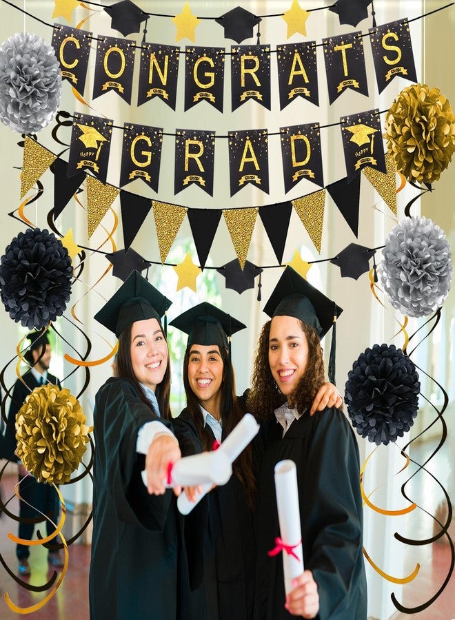Douvelue Graduation Decorations for 2025, Congrats Grad Banner and Star Cap Garland, Pennant Banner, Black and Gold Tissue Paper Pompoms, Hanging Swirls, for Graduation Party Decorations - Image 3