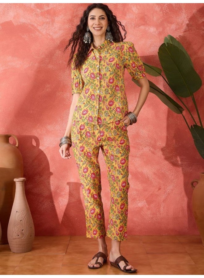 AKS Mustard Cotton Co Ord Set With Floral Print  - Image 1