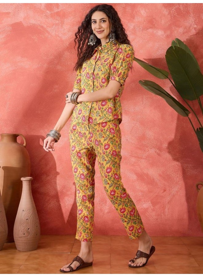 AKS Mustard Cotton Co Ord Set With Floral Print  - Image 4