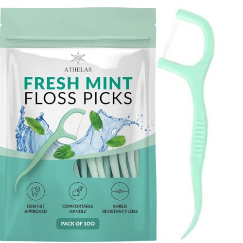 Athelas Pack of 100 Fresh Mint Dental Floss Picks | Dentist Designed & most convenient teeth Flosser for fresh Breath & complete oral plaque removal (Fresh Mint) - Image 1