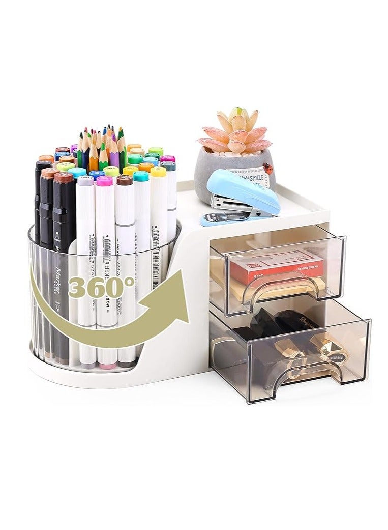 Desk Organiser,360 Degree Rotating Pen Holder with 2 Drawers, Multi-Functional pencil Holder for Desk 6 Compartments, Stationery Storage Desktop Organizer for Home, Office, School (White) - Image 1