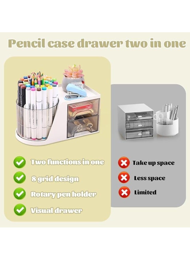 Desk Organiser,360 Degree Rotating Pen Holder with 2 Drawers, Multi-Functional pencil Holder for Desk 6 Compartments, Stationery Storage Desktop Organizer for Home, Office, School (White) - Image 2