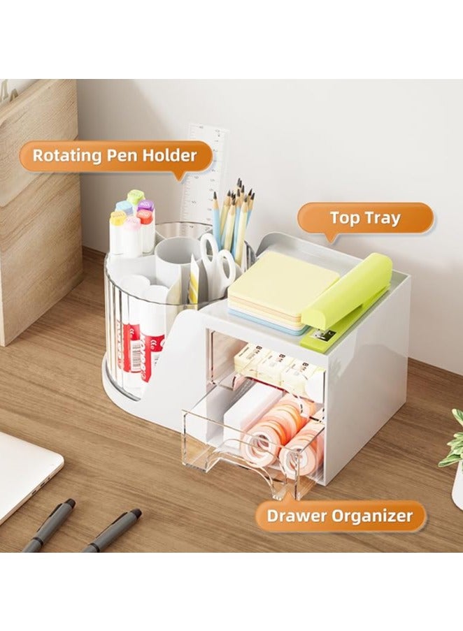 Desk Organiser,360 Degree Rotating Pen Holder with 2 Drawers, Multi-Functional pencil Holder for Desk 6 Compartments, Stationery Storage Desktop Organizer for Home, Office, School (White) - Image 3