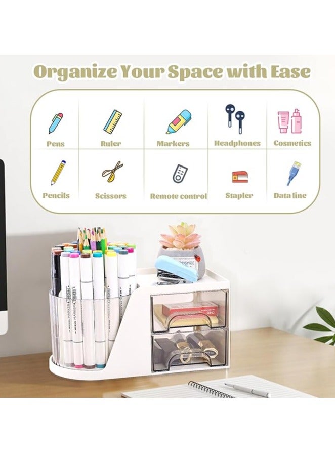 Desk Organiser,360 Degree Rotating Pen Holder with 2 Drawers, Multi-Functional pencil Holder for Desk 6 Compartments, Stationery Storage Desktop Organizer for Home, Office, School (White) - Image 5