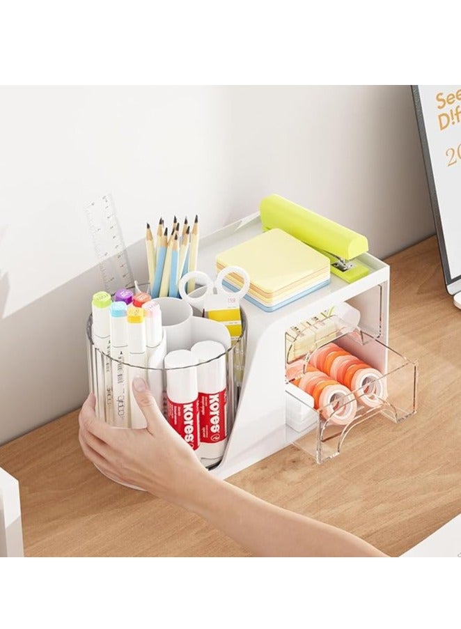 Desk Organiser,360 Degree Rotating Pen Holder with 2 Drawers, Multi-Functional pencil Holder for Desk 6 Compartments, Stationery Storage Desktop Organizer for Home, Office, School (White) - Image 4