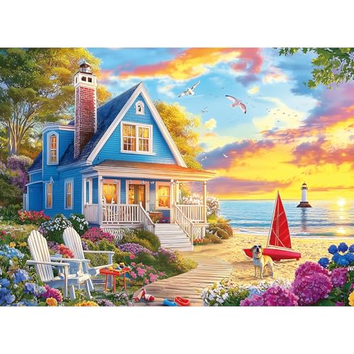 EIYRURU 300 Piece Jigsaw Puzzle for Adults Charming Beach House Sailboat Playful Dog Fun Perfection Game Premium Puzzle for Relaxation Family Activity or Gift 205 15 - Image 1