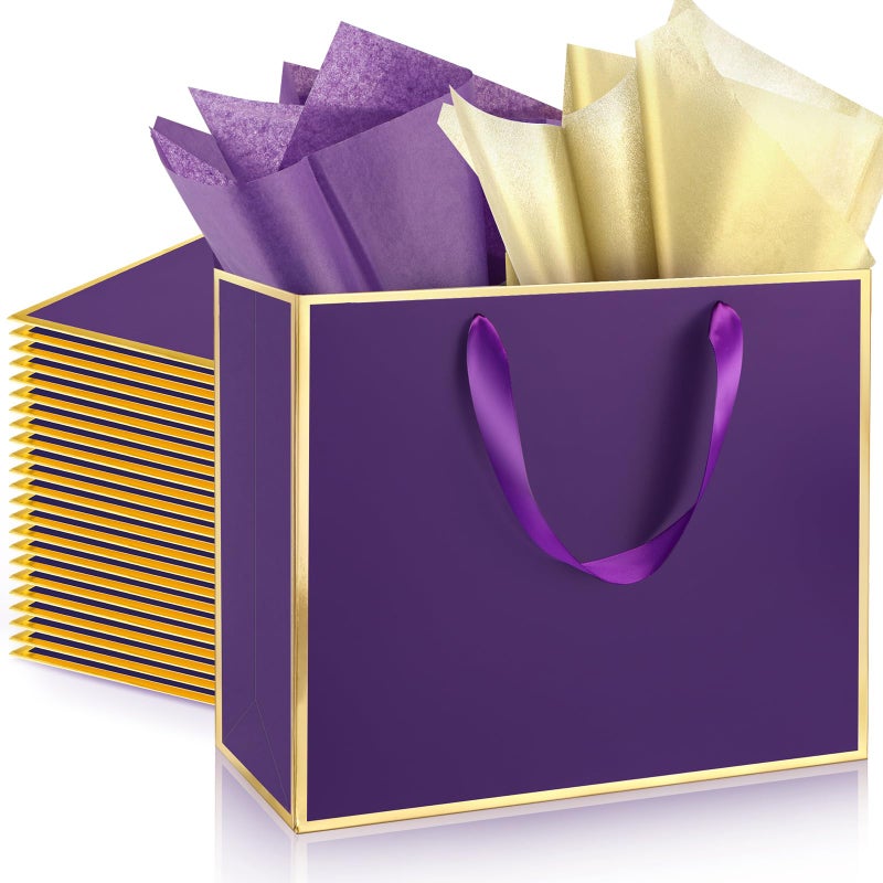 ReliThick 12 Pack Metallic Paper Gift Bag with Handles and Tissue Paper 11.8 x 10 x 4'' Thank You Favor Bag for St. Patrick's Day Wedding Bridesmaid Groomsman 5 Senses Gifts (Dark Purple,Gold) - Image 1