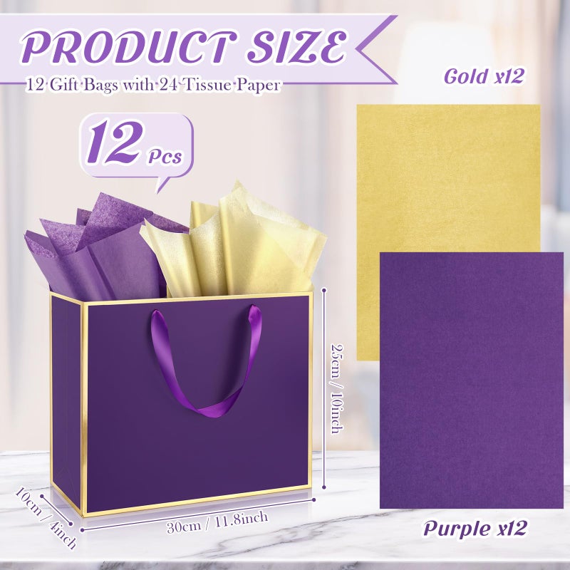 ReliThick 12 Pack Metallic Paper Gift Bag with Handles and Tissue Paper 11.8 x 10 x 4'' Thank You Favor Bag for St. Patrick's Day Wedding Bridesmaid Groomsman 5 Senses Gifts (Dark Purple,Gold) - Image 3