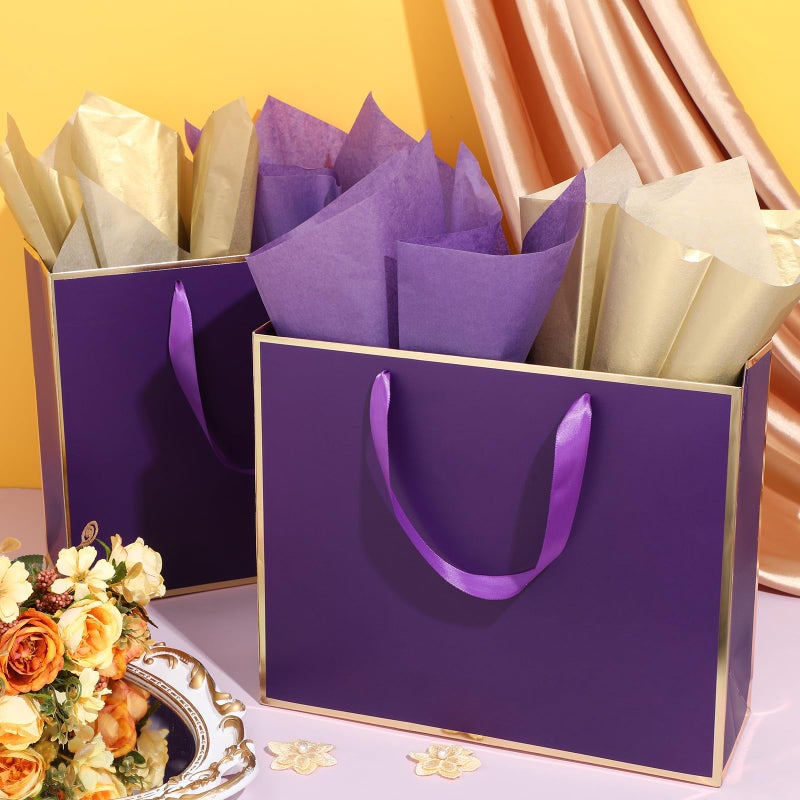 ReliThick 12 Pack Metallic Paper Gift Bag with Handles and Tissue Paper 11.8 x 10 x 4'' Thank You Favor Bag for St. Patrick's Day Wedding Bridesmaid Groomsman 5 Senses Gifts (Dark Purple,Gold) - Image 5