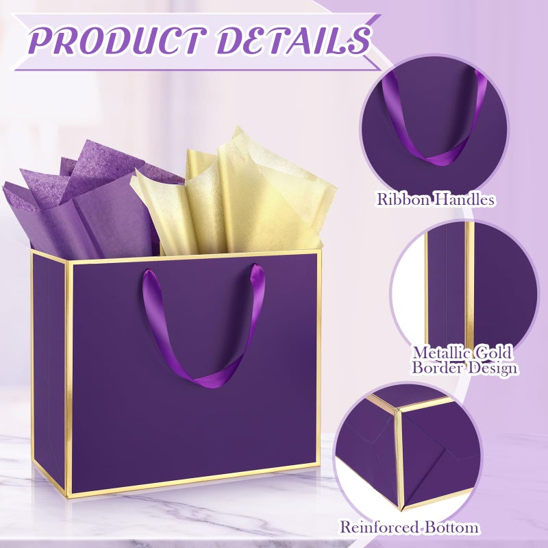 ReliThick 12 Pack Metallic Paper Gift Bag with Handles and Tissue Paper 11.8 x 10 x 4'' Thank You Favor Bag for St. Patrick's Day Wedding Bridesmaid Groomsman 5 Senses Gifts (Dark Purple,Gold) - Image 2