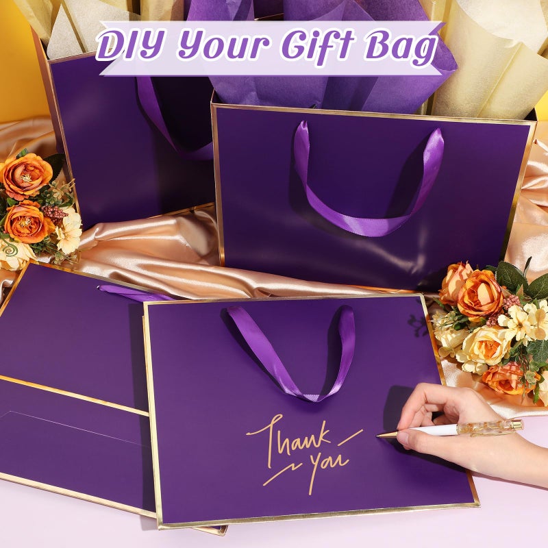ReliThick 12 Pack Metallic Paper Gift Bag with Handles and Tissue Paper 11.8 x 10 x 4'' Thank You Favor Bag for St. Patrick's Day Wedding Bridesmaid Groomsman 5 Senses Gifts (Dark Purple,Gold) - Image 4
