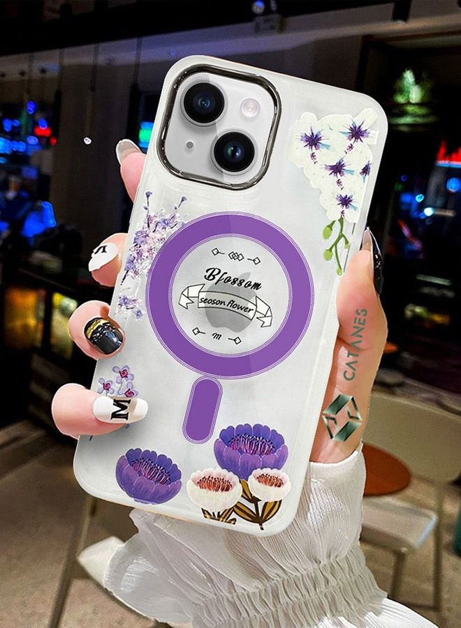 CATANES Case for Apple iPhone 14 PLUS Romantique Floral Design Fashion Flower Compatible with MagSafe & Wireless Charging Cover PURPLE  - Image 5