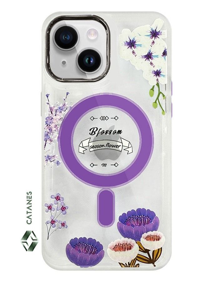 CATANES Case for Apple iPhone 14 PLUS Romantique Floral Design Fashion Flower Compatible with MagSafe & Wireless Charging Cover PURPLE  - Image 1