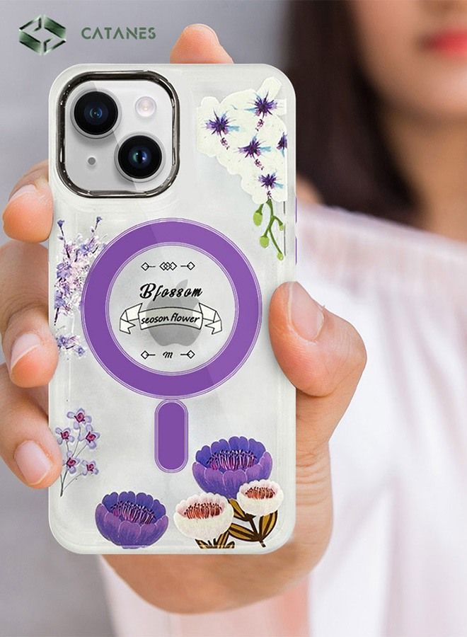CATANES Case for Apple iPhone 14 PLUS Romantique Floral Design Fashion Flower Compatible with MagSafe & Wireless Charging Cover PURPLE  - Image 3