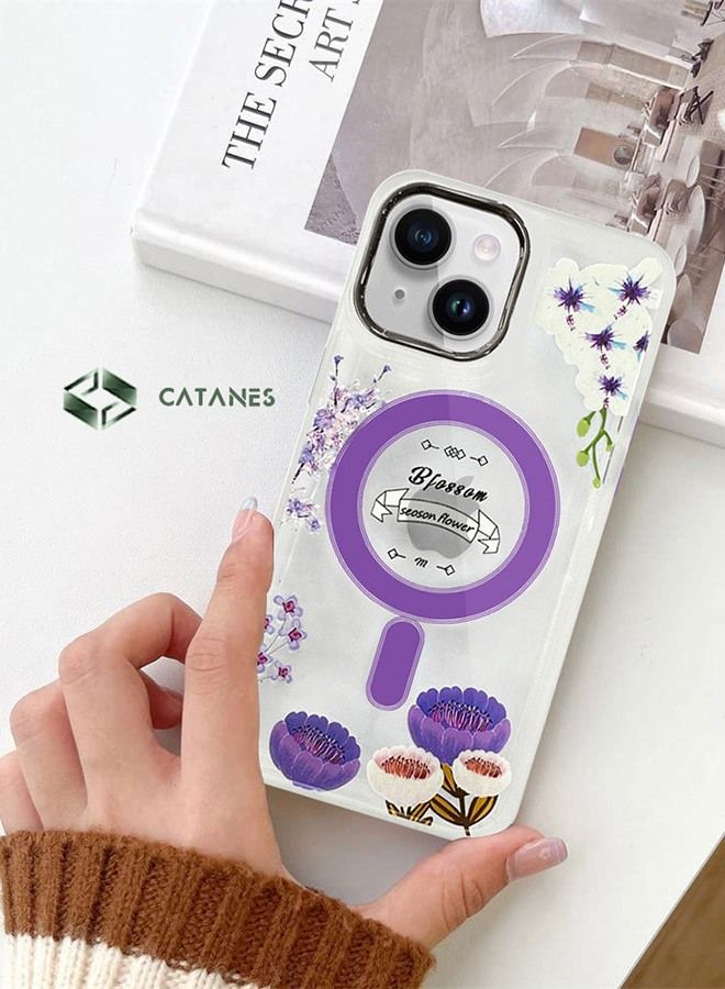 CATANES Case for Apple iPhone 14 PLUS Romantique Floral Design Fashion Flower Compatible with MagSafe & Wireless Charging Cover PURPLE  - Image 2