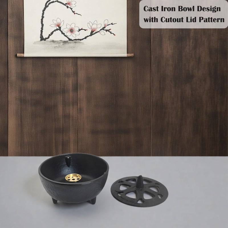 SECHUDO Small Cast Iron Incense Burner Holder, Home Decor, Bowl Design with Decorative Lid, Black Incense for Sticks, Resin, Cone Incense or Wax Melts - Image 5