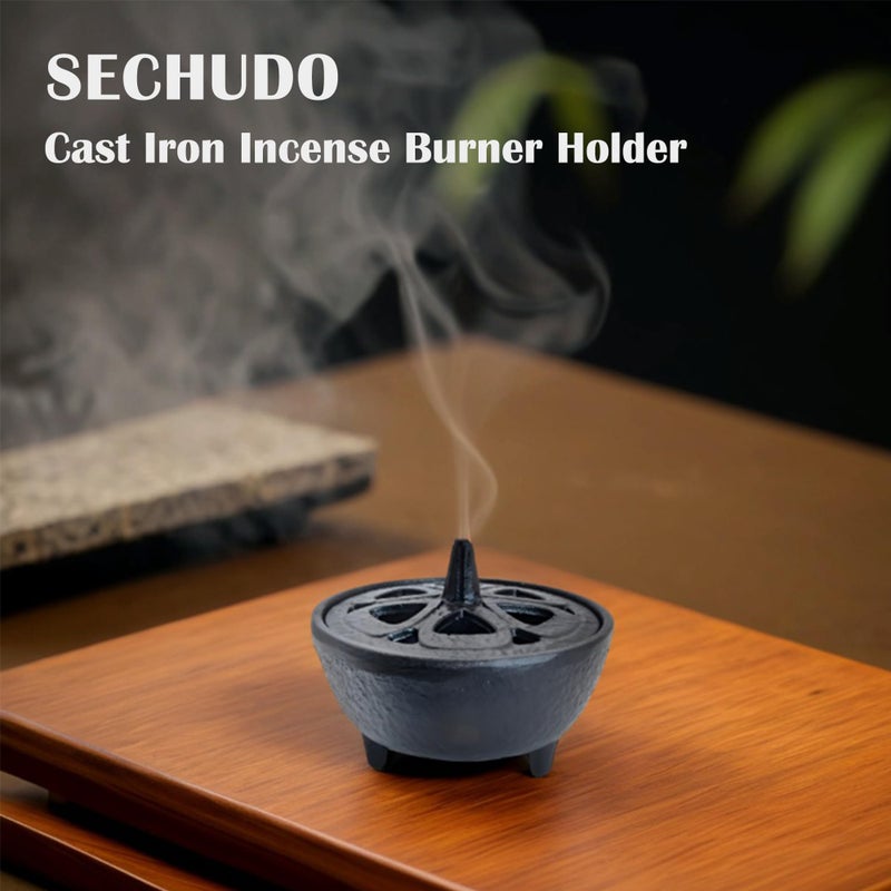 SECHUDO Small Cast Iron Incense Burner Holder, Home Decor, Bowl Design with Decorative Lid, Black Incense for Sticks, Resin, Cone Incense or Wax Melts - Image 3