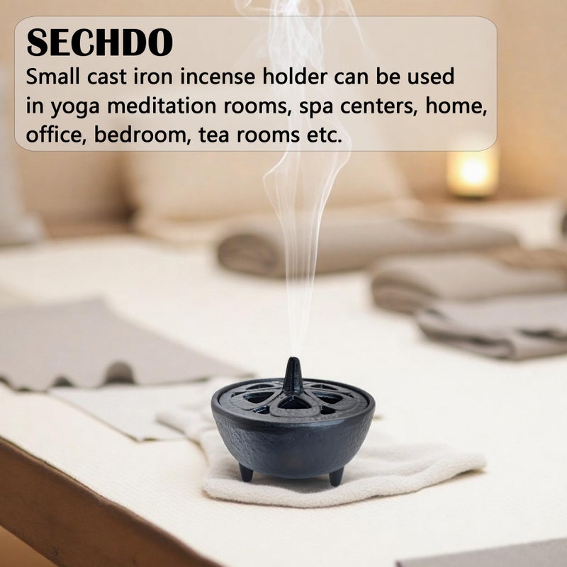 SECHUDO Small Cast Iron Incense Burner Holder, Home Decor, Bowl Design with Decorative Lid, Black Incense for Sticks, Resin, Cone Incense or Wax Melts - Image 4