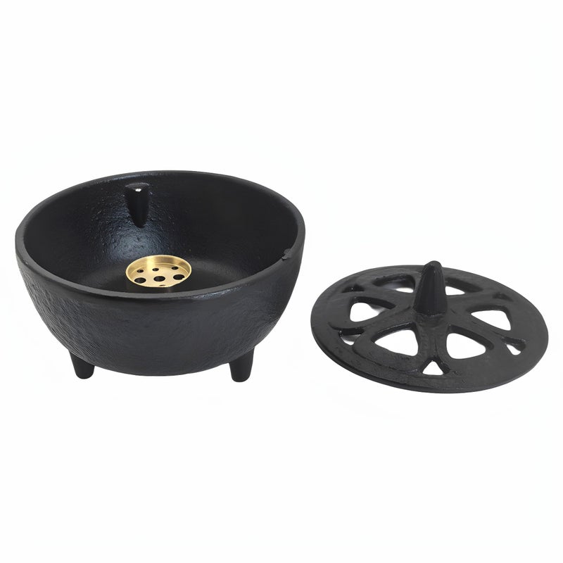 SECHUDO Small Cast Iron Incense Burner Holder, Home Decor, Bowl Design with Decorative Lid, Black Incense for Sticks, Resin, Cone Incense or Wax Melts - Image 1