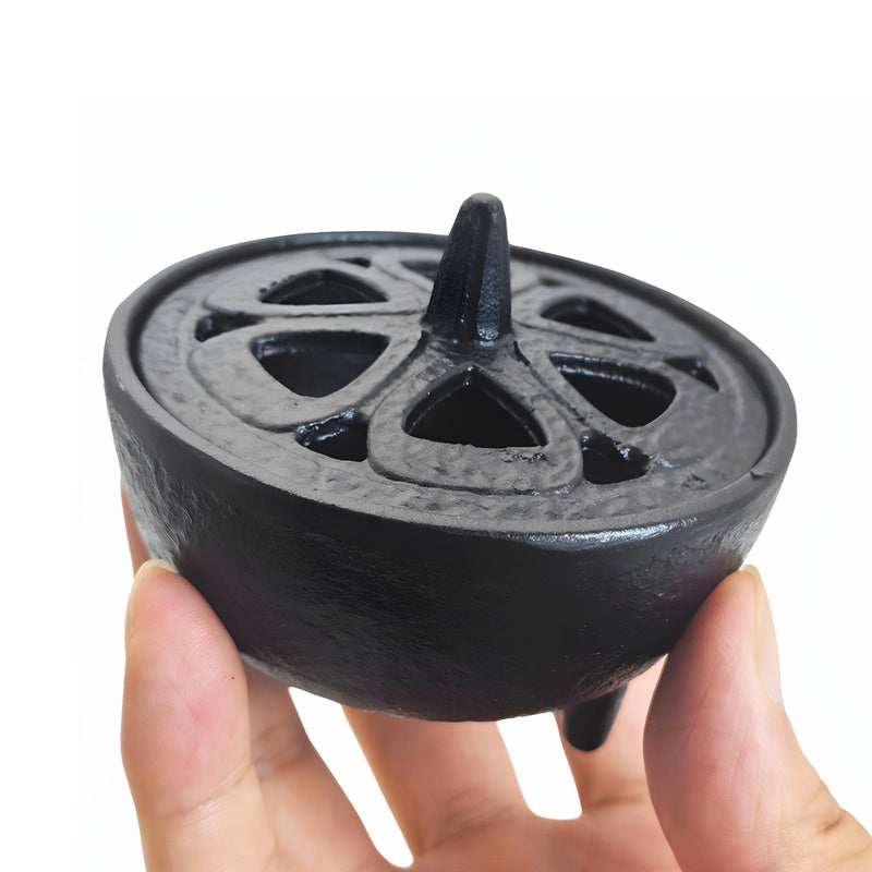 SECHUDO Small Cast Iron Incense Burner Holder, Home Decor, Bowl Design with Decorative Lid, Black Incense for Sticks, Resin, Cone Incense or Wax Melts - Image 2
