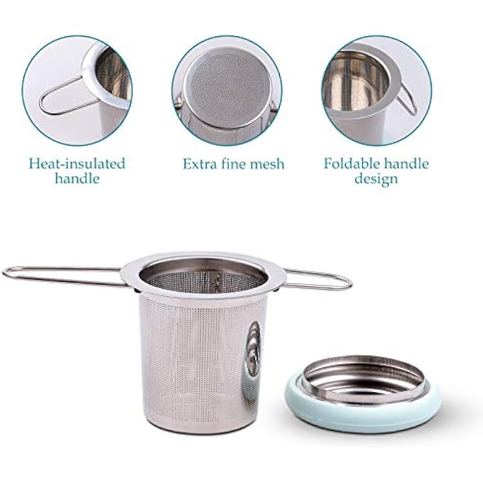 fenshine Tea Infuser Stainless Steel Tea Strainer Folding Handle Tea Filter Extra Fine Mesh Strainer Brewing Basket With Lid For Loose Leaf Tea Light Blue - Image 4