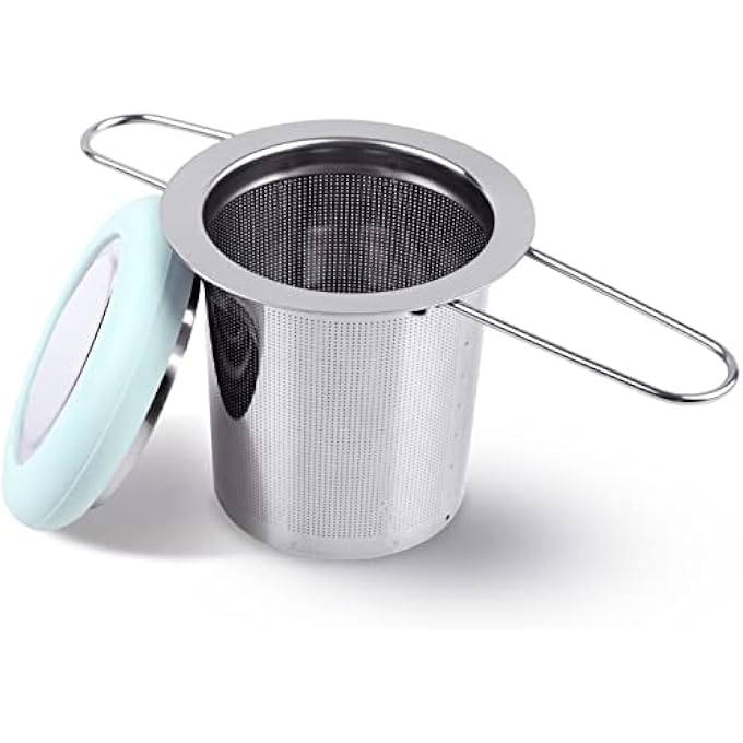 fenshine Tea Infuser Stainless Steel Tea Strainer Folding Handle Tea Filter Extra Fine Mesh Strainer Brewing Basket With Lid For Loose Leaf Tea Light Blue - Image 1